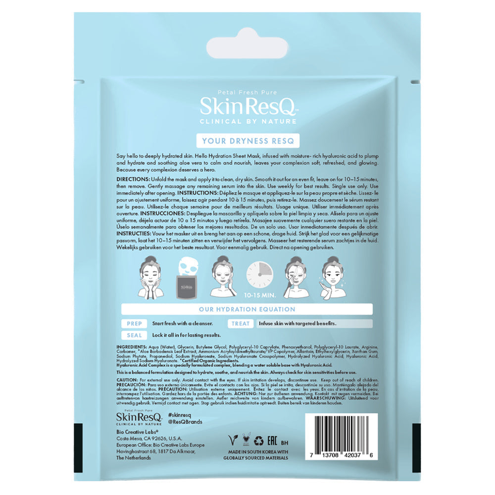 Masques en tissu hydratants Skin RESQ – Complexe d'acide hyaluronique – Fabriqué en Corée du Sud