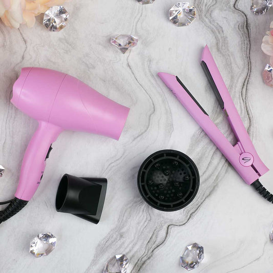 Ensemble de voyage Pink Hair Tools - Mini sèche-cheveux et fer à lisser | Aria | !*!