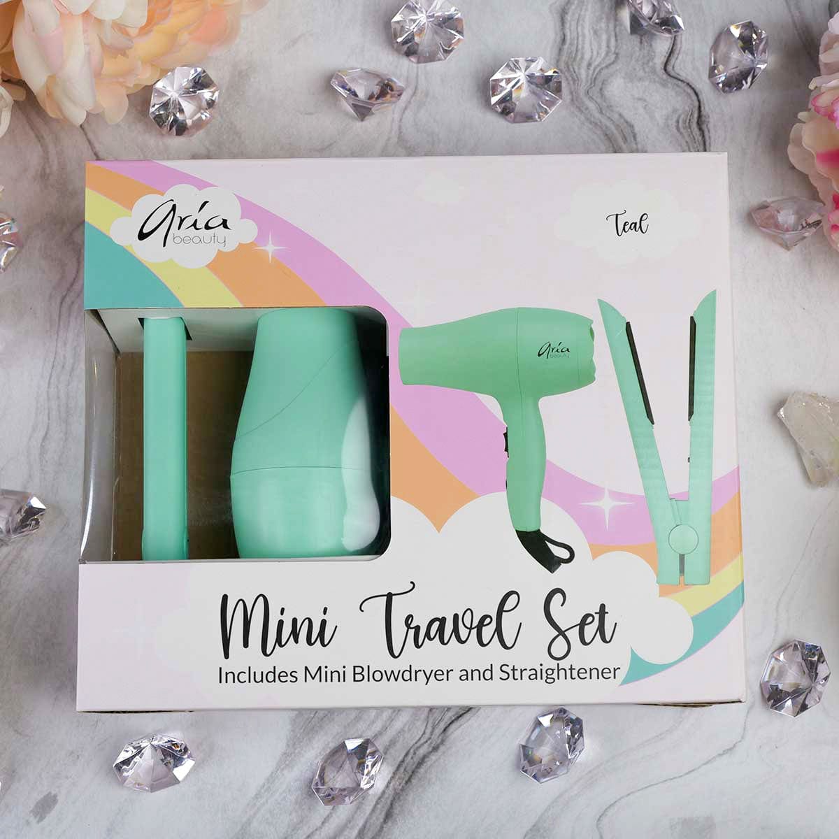 Ensemble de voyage pour outils capillaires bleu sarcelle - Mini sèche-cheveux et fer à lisser | Aria | !*!